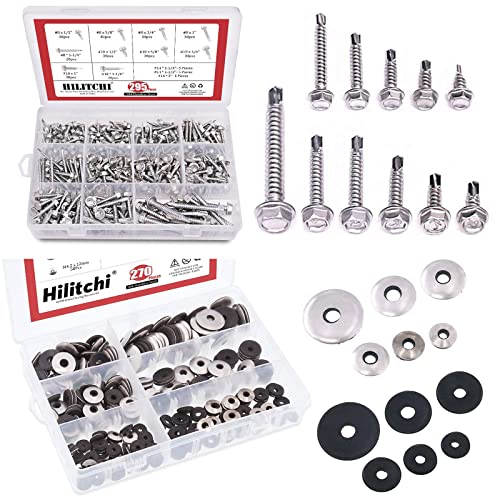 Hilitchi 295 pcs #8 / #10 / #14 Stainless Hex Washer Head Self Drilling Sheet Metal Tek Screws + 270-Pcs #6#8#10#12 Stainless Steel Neoprene EPDM Bonded Sealing Gasket Washers Assortment Kit