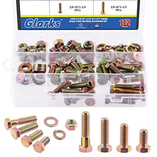 Glarks 112Pcs 3/8"-16 Grade 8 Coarse Thread Hex Bolt, Nut, Screw, Washer Assortment Kit, 4 Sizes (3/4", 1", 1-1/4", 1-1/2")
