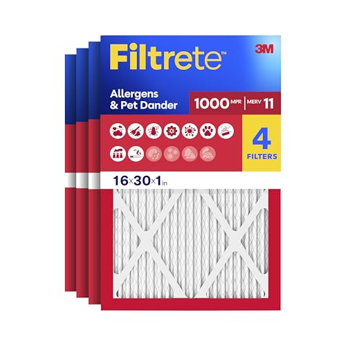 Filtrete 16x30x1 AC Furnace Air Filter, MERV 11, MPR 1000, Micro Allergen Defense, 3-Month Pleated 1-Inch Electrostatic Air Cleaning Filter, 4 Pack (Actual Size 4-Pack 29.813x15.813x0.656 in)