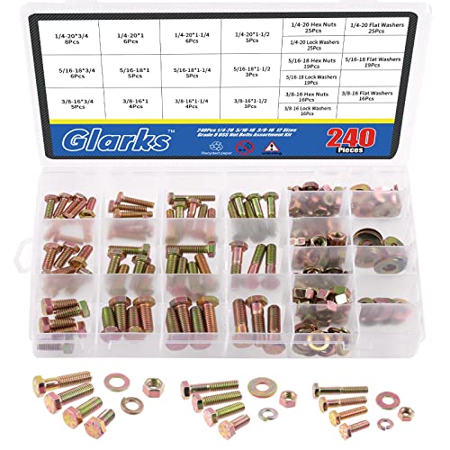 Glarks 240Pcs Grade 8 Coarse Thread Hex Bolts Nuts Screws Washers Assortment Kit, 1/4-20 5/16-18 3/8-16 Inch 12 Size Hex Head Cap Screws and Hex Nuts Flat Washers Lock Washers Set