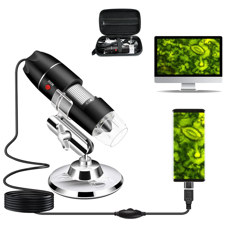 USB Microscope Camera, 40x to 1000x, Digital Microscope with Metal Stand and Carry Case, Compatible with Android Windows 7, 8, 10, 11, Linux, Mac, Portable Microscope Camera black