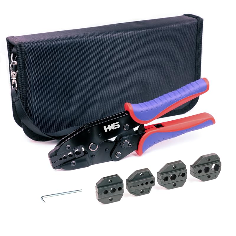 HKS Coax Ratchet Crimping Tool Set for Coaxial RG Cable RF Connector with 5 Changeable Dies Crimper with 5 Dies