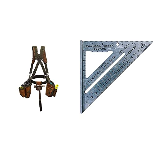 Bucket Boss - AirLift Tool Belt with Suspenders, Tool Belts - Original Series (50100), Brown, 52 Inch & SWANSON Tool Co S0101 7 Inch Speed Square, Blue