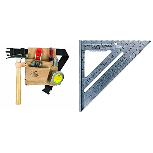 CLC Custom Leathercraft IP489X Suede Tool Bag & Poly Web Belt, 3 Pocket & Swanson Tool Co S0101 7 Inch Speed Square, Blue