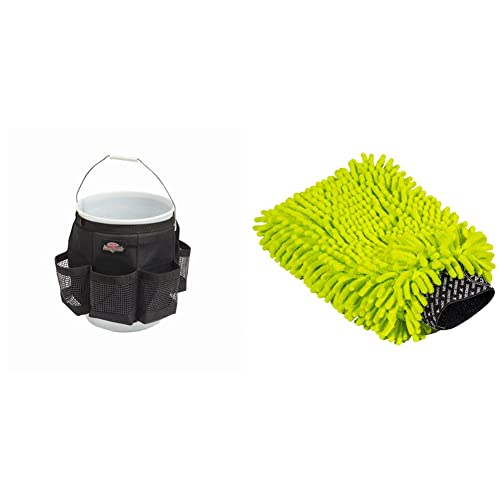 Bucket Boss Auto Boss Wash Boss Organizer for a 5 Gallon Bucket, with Fast-Drying, Exterior Mesh Pockets & Chemical Guys Chenille Premium Scratch-Free Microfiber Wash Mitt, MIC493, Lime Green