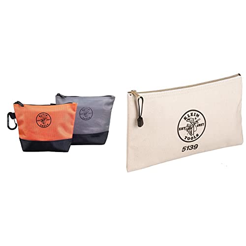 Klein Tools 55470 Utility Bag, Stand-Up Zipper Tool Bags, Orange/Black, Gray/Black, 2-Pack & 5139 Zipper Bag, Canvas Tool Pouch 12.5 x 7 x 4.25-Inch with Heavy Duty Brass Zipper Close, Natural