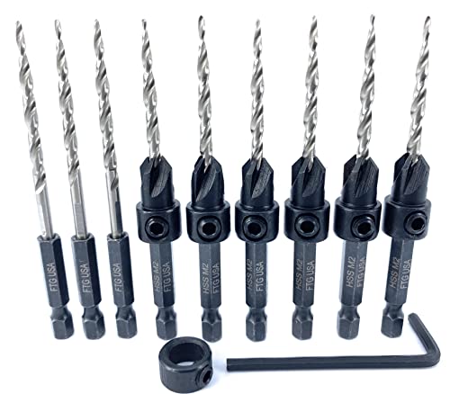FTG USA Countersink Drill Bit Set 6 Pc #6 (9/64") Wood Countersink Drill Bit Pro Pack Countersink Set, with 3 Replacement Tapered Countersink Bits 9/64", 1 Stop Collar, 1 Hex Wrench