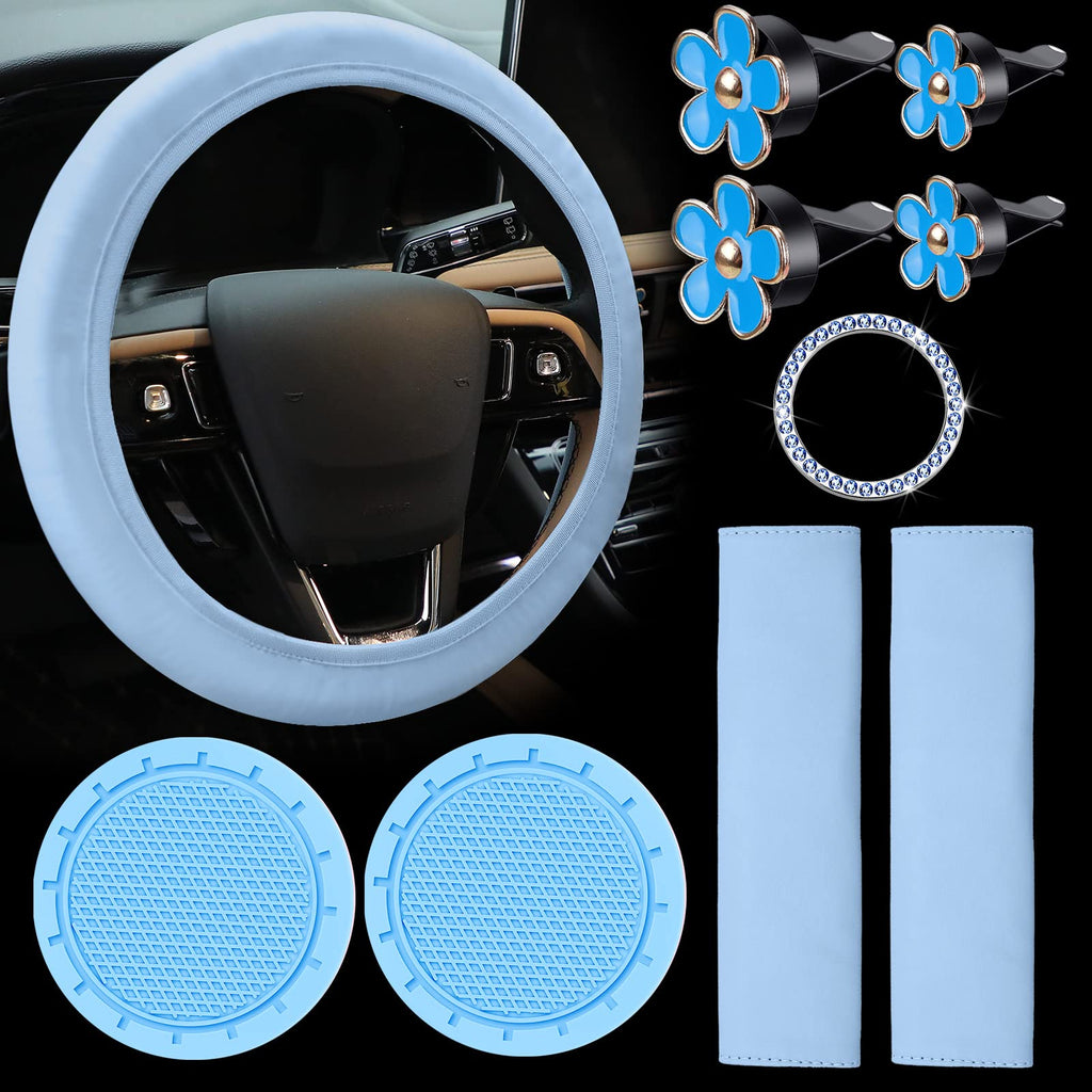 Frienda 10 Pcs Leather Steering Wheel Cover Set for Women 14.5-15 Inch Car Accessories with Seat Belt Shoulder Pad Seatbelt Cover Cup Holder Start Button Ring Sticker Air Vent Clip(Blue) Blue