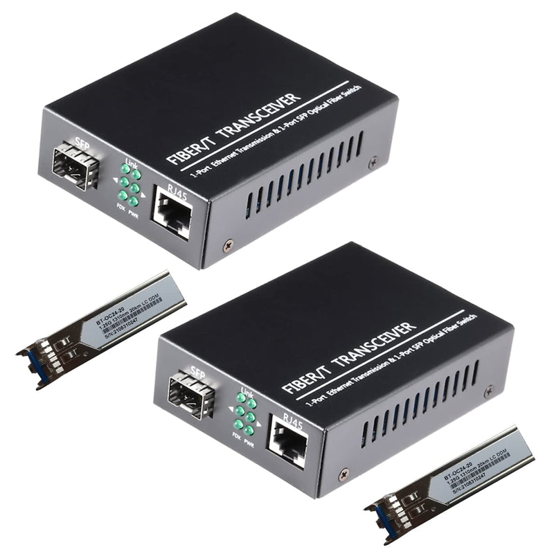 A Pair Gigabit Ethernet SFP Fiber Media Converters with Dual Core LC Transceiver Module, Single-Mode LC, SMF RJ45 to SFP Slot up to 20KM, 10/100/1000Base-Tx to 1000Base-SX (2 Pack) SingleMode LC Dual Port