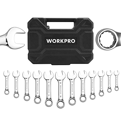 WORKPRO 12PCS Stubby Combination Wrench Set with Storage Box, Metric 8-19mm Combination Wrenches