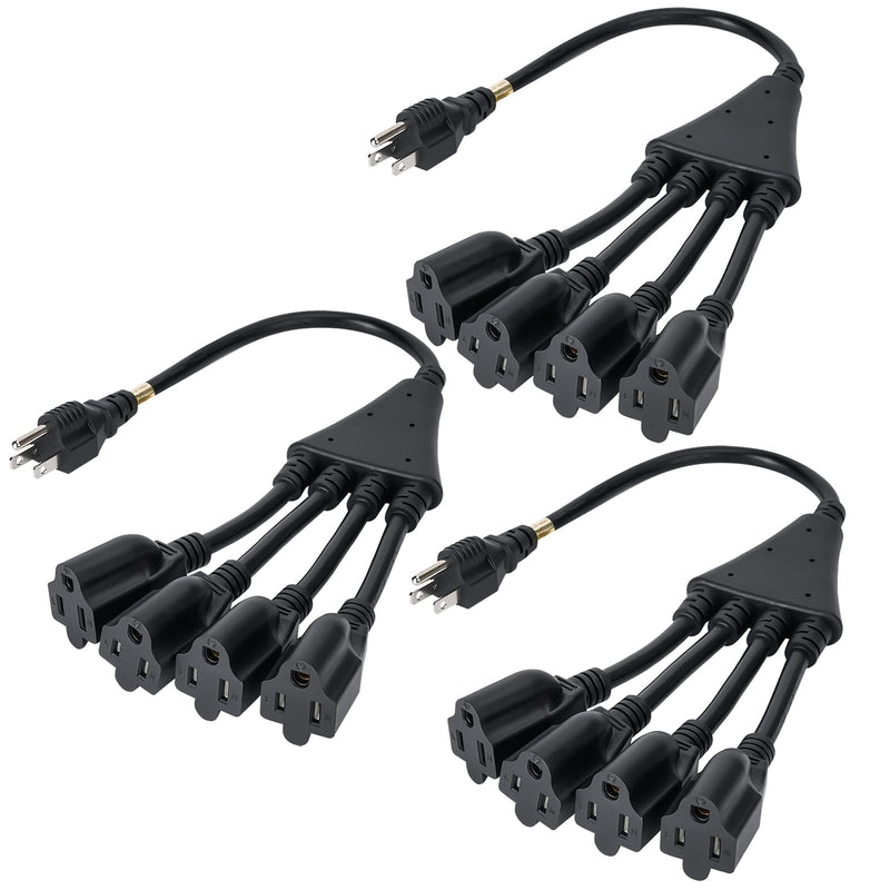 4 Way Power Cord Splitter Cable (3 Pack)-3 Prong 1 to 4 Extension Cord-Outlet Saver-Elecan Male to Female Y Splitter Power Extension Cable Strip–UL Certified SJTW 16 Gauge 13 A/125 V–1.5 Feet Black 3 PACK 1.5 FT