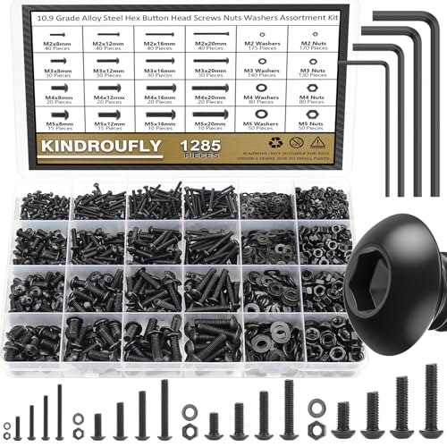 1285 Pieces M2 M3 M4 M5 Screws Nuts Washers Assortment Kit, Metric Screw Set, Bolts and Nuts, Machine Screws, Fully Machine Thread (Black, Button Head Socket Cap Screws Kit,) Black Button Head Socket Cap Screws Kit,