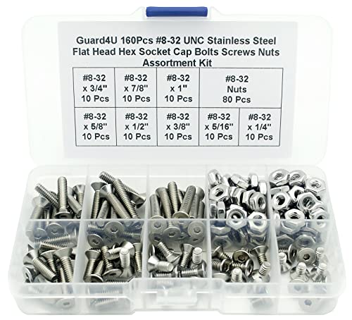 160Pcs #8-32 UNC 304-Stainless Steel Flat Head Countersunk Hex Socket Cap Bolts Screws Nuts Assortment Kit- #8-32x 1/4" 5/16" 3/8" 1/2" 5/8" 3/4" 7/8" 1"