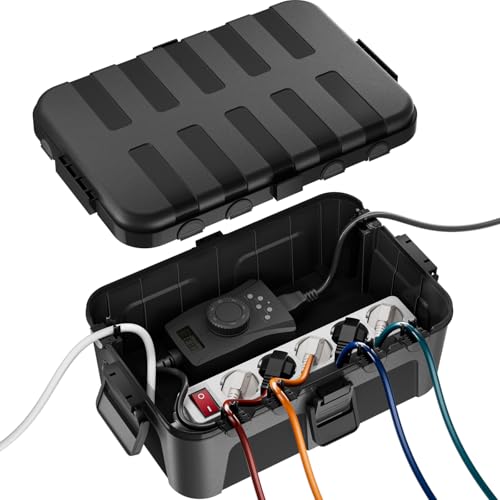 RESTMO Large Cable Box, Waterproof, Electric Box for Extension Cable | IP54 weatherproof, 32 x 22 x 13 cm, for power strip, outdoor socket, garden socket, junction box and cable, black
