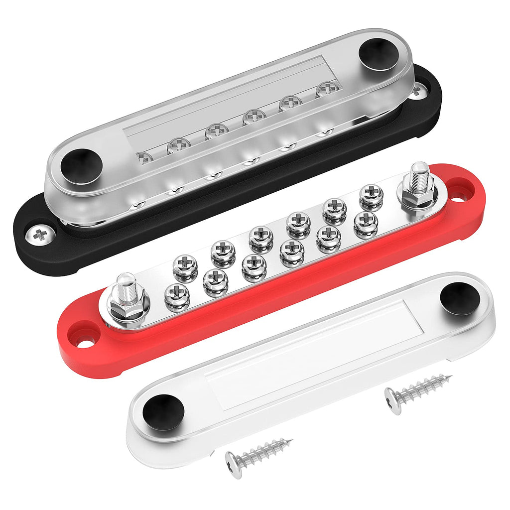 DaierTek 12V Power Distribution Block 2 x 1/4" (M6) Terminal Studs 12 x M4 (#8) Terminal Screws Battery Bus Bar Terminal Block Max 48V Positive & Negative Busbar for Automotive Car Boat 150A-T2M6S12