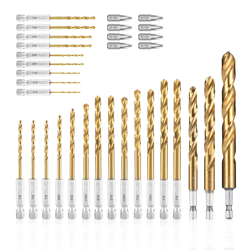 amoolo Impact Drill Bit Set, 33pcs Titanium HSS Twist Hex Shank Drill Bit Set for Metal, Steel, Wood, Plastic, Quick Change Design Plus 8pcs PH2 Short bits (1/16''-1/2'')