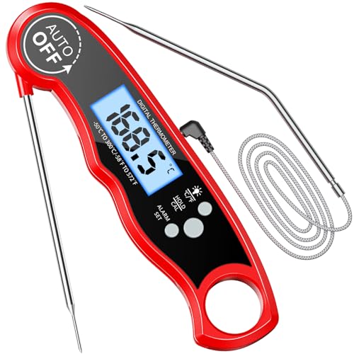 CIRYCASE Meat Thermometer Digital Instant Read Roasting Thermometer | External long probe with 102 cm stainless steel cable, pointer thermometer, oven thermometer for kitchen, BBQ, oven, baking Red