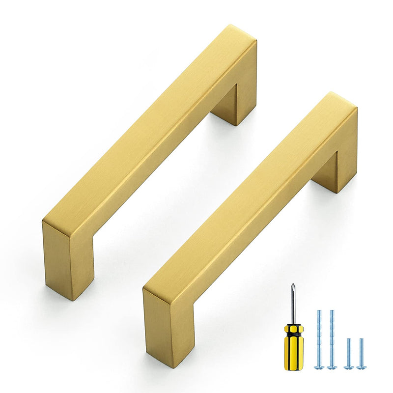 Ravinte 10 Pack Gold Cabinet Pulls 3-1/2 Inch Brushed Brass Kitchen Cabinet Handles Gold Square Kitchen Hardware for Drawer Pulls Come with Screwdriver 3-1/2 In Hole Center