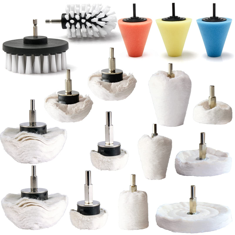 Polishing Pad Buffing Wheel Kit 17 Pack, for Drill for Metal Aluminum Stainless Steel Chrome Wood Plastic Ceramic Glass Woods Fabric Cotton Machine Jewelry etc 17 PCS