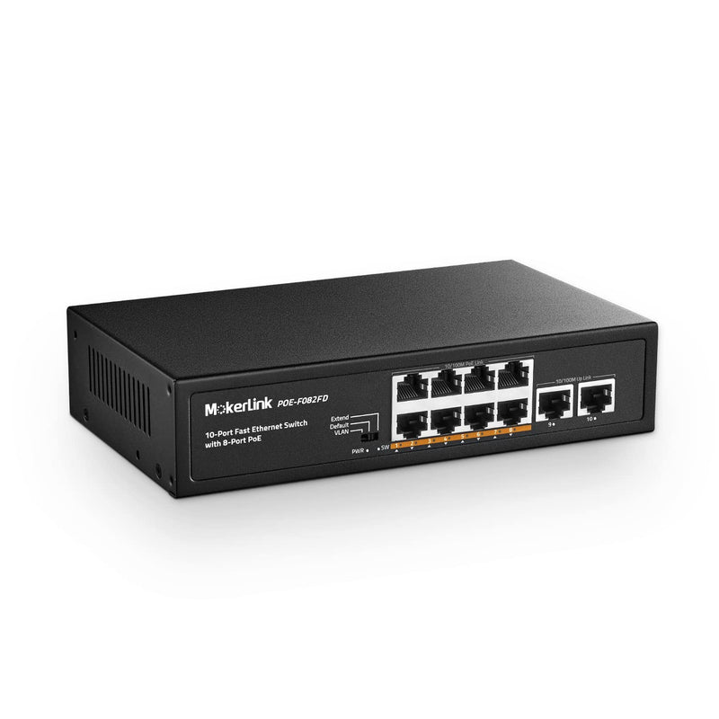 MokerLink 10 Port PoE Switch With 8 Port PoE+, 2 Fast Ethernet Uplink, 100Mbps, 96W 802.3af/at, Fanless Plug & Play Ethernet Switch 8POE + 2FE