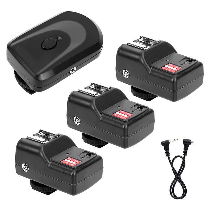 Flash Trigger Set, 433MHZ 16 Channel Speedlite Studio Shutter Release Transceiver Kit, with 1 Transmitter 3 Receivers 1 Sync Wire Cable, for, for Nikon