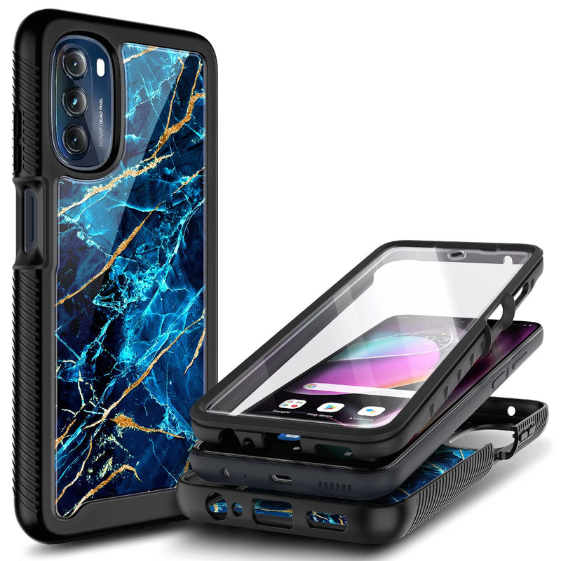 NZND Case for Motorola Moto G 5G (2022) with [Built-in Screen Protector], Full-Body Protective Shockproof Rugged Bumper Cover, Impact Resist Phone Case (Marble Design Sapphire) Marble Design Sapphire