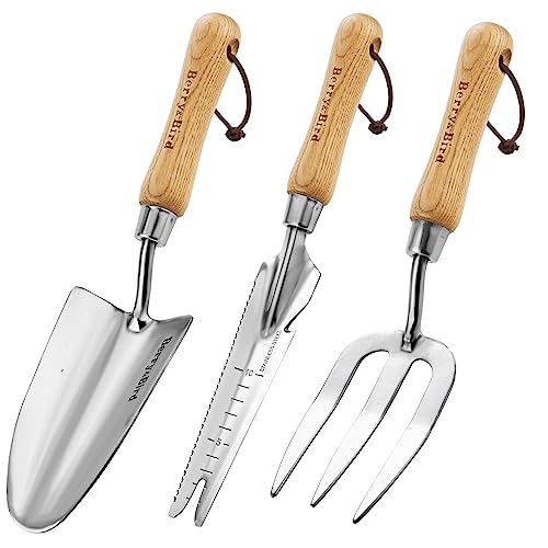 Berry&Bird Gardening Hand Tool Set - 3PCS Stainless Steel Garden Tool Kit Multifunctional Tool with Wooden Handle Trowel, Fork & Weeder for Weeding Planting Transplant, Ideal Garden Gift for Women&Men Gardening Tool