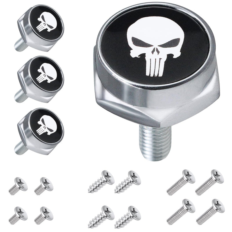 License Plate Screws Fastener Kit, 4 PCS License Plate Screws with Covers for Fastening License Plates or Frames of Most Cars, Trucks and Motorcycles (Silver Skull) Silver Skull