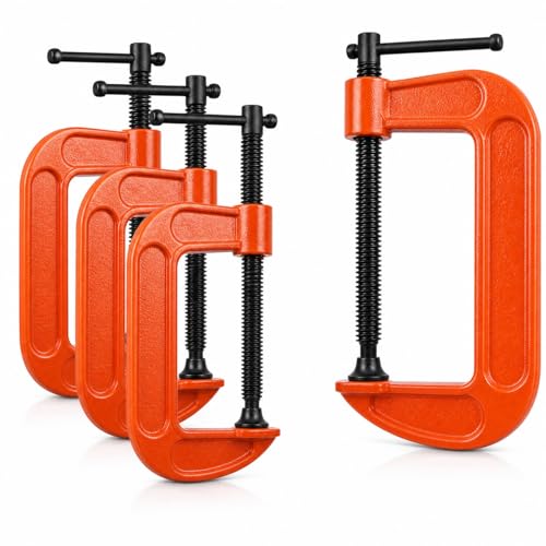 RHBLME 4 Pack Heavy Duty C Clamp, 5 Inch Malleable Iron C-Clamp G Clamp, Up To 5 Inch Jaw Opening, 3 Inch Throat Depth with T-Bar Handle for Woodworking, Welding, Building