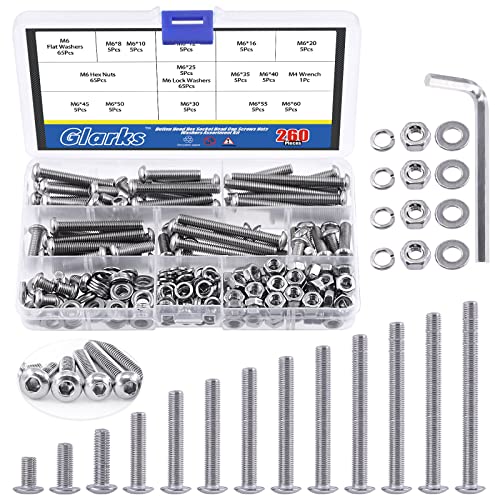 Glarks 260Pcs 13 Size M6 304 Stainless Steel Button Head Screws Hex Socket Cap Screws Bolts and Nuts Washers Assortment Kit with Hex Wrench for Machinery Furniture Car Repair M6 screw assortment kit