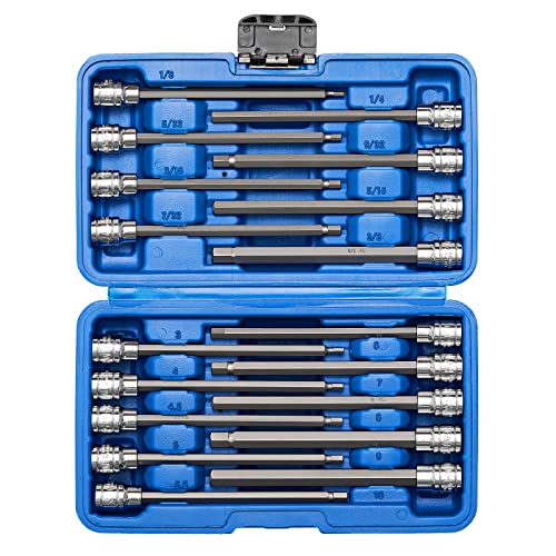 Mayouko 3/8" Drive Extra Long Allen Hex Bit Socket Set, S2&CR-V, Metreic&SAE, 18 Pieces, 1/8" - 3/8", 3-10 mm Hex(SAE&Metric)