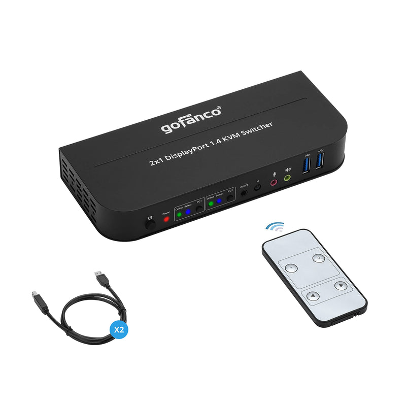 gofanco 2 Port 4K 60HZ DisplayPort KVM Switch with USB 3.0 – DisplayPort 1.4, 4K @60Hz 4:4:4, HDR, HDCP 2.2/1.4, USB Keyboard/Mouse, USB 3.0 Hub, MIC in, Stereo Out, IR Remote, Hotkeys (KVMDP-2P) 2 Port DisplayPort
