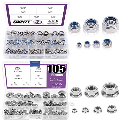 Swpeet 250Pcs 304 Stainless Steel Metric Lock Nut Assortment Kit+105Pcs 304 Stainless Steel Serrated Metric Flange Nuts Hex Lock Nuts Assortment Kit