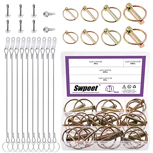 Swpeet 50Pcs 4 Sizes Spring-Loaded Lynch Pin Linch Pin and Stainless Steel Lanyard Cables and Quick Release Ring with 410 Stainless Steel Self Drilling Sheet Metal Screws Kit Assortment Kit