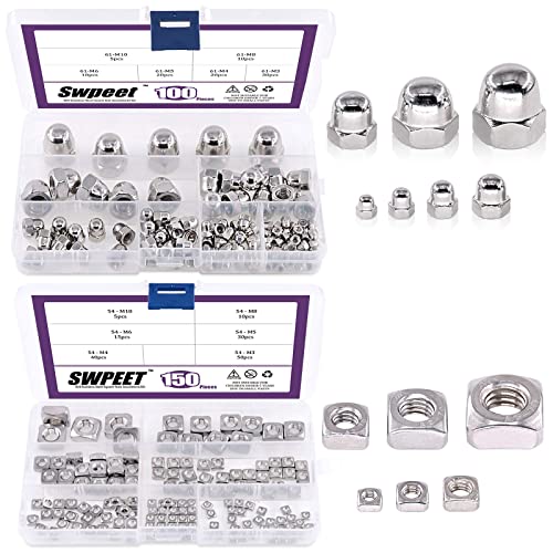 Swpeet 100Pcs 304 Stainless Steel Serrated Metric Acorn Cap Nuts Hex Dome Cap and 150Pcs 304 Stainless Steel 6 Sizes Metric Square Nuts Assortment Kit