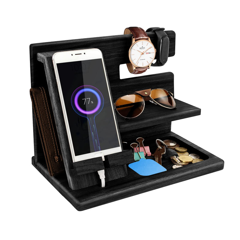 Gifts for Men Bedside Organiser Wood Phone Docking Station Dad Birthday Gifts for Him Nightstand Key Wallet Watch Stand Mens Gifts for Xmas Presents for Dad Husband Boyfriend Anniversary & Christmas Deep Black-1