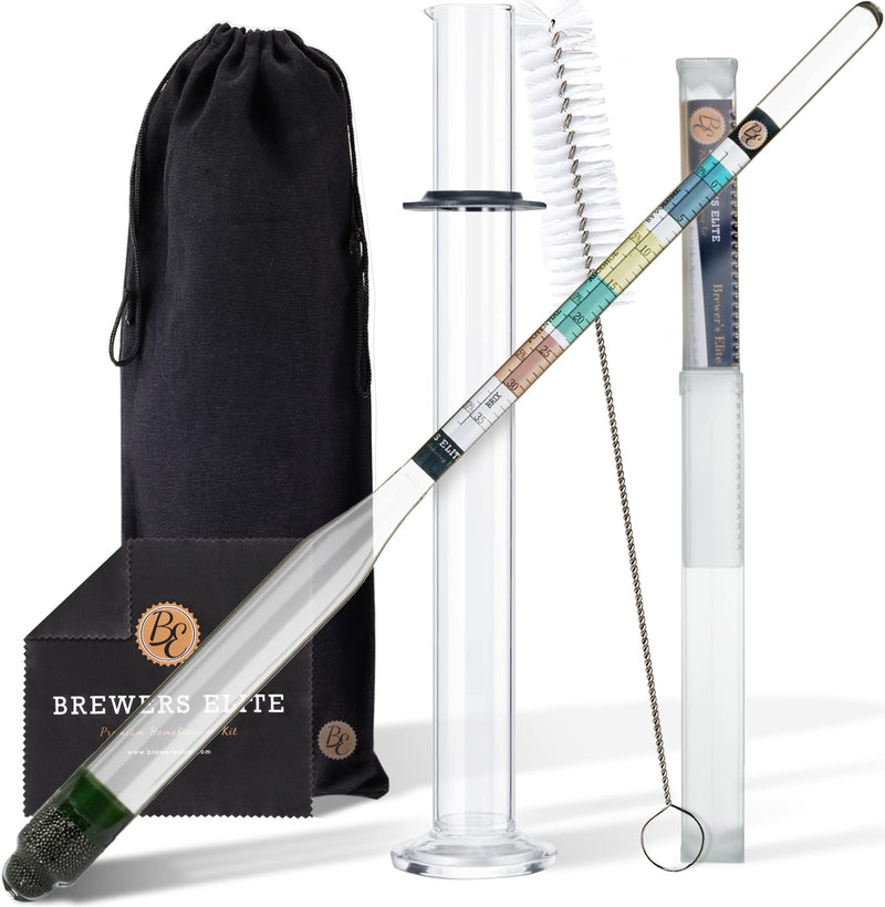 Brewer's Elite Hydrometer - for Home Brew Beer, Wine, Mead and Kombucha - Deluxe Triple Scale Set, Hardcase and Cloth - Specific Gravity ABV Tester (Hydrometer & Glass Test Jar Kit) Hydrometer & Glass Test Jar Kit