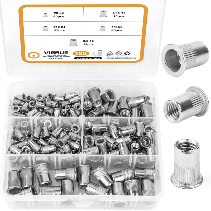 SAE Rivet Nuts Assortment, VIGRUE 185pcs #8-32#10-24 1/4"-20 5/16"-18 3/8"-16 304 Stainless Steel Nutserts Rivnuts Kit, Flat Head Threaded Insert Nut Assort 5 SAE Sizes (185 Pieces)
