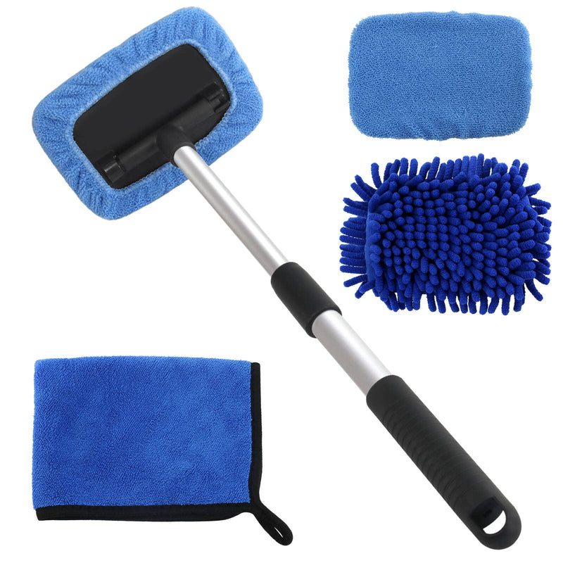 5 PCS Windshield Cleaning Tools, 18 inch Microfiber Car Window Cleaning Tool with Extendable Handle, Auto Interior Exterior Glass Wiper Car Glass Cleaner Kit with Microfiber Bonnet Pads and Cloth