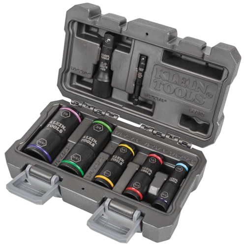 Klein Tools 66070 Impact Socket Set, Five Impact Driver Flip Sockets with 1/4-Inch Hex and 1/2-Inch Square Adapters, 7-Piece Multi-Size (7-Piece Set)