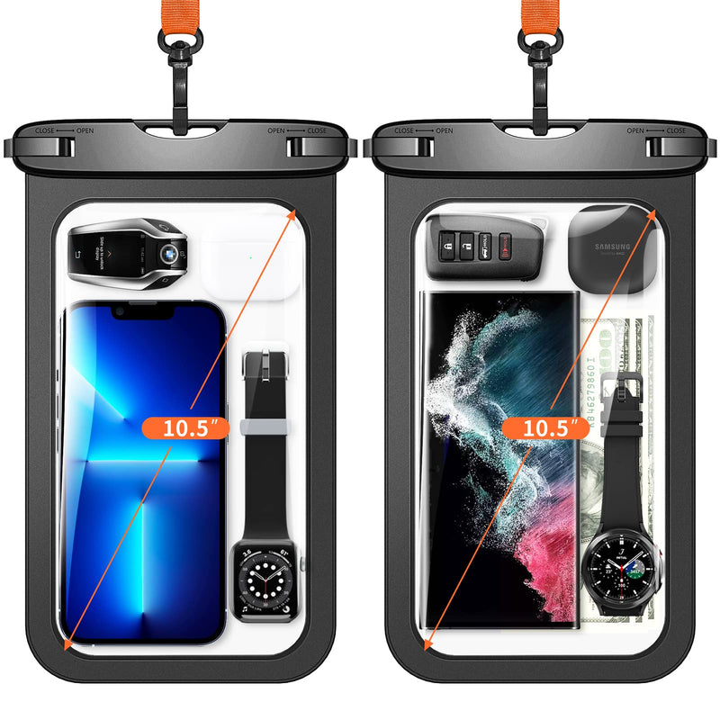 Lanhiem 10.5" Large Waterproof Phone Pouch, 2 Pack Universal IPX8 Waterproof Dry Bag with Lanyard for iPhone 15 14 13 Pro Max, Samsung Galaxy S24 S23 S22 Ultra, S23 FE, Pixel 8 Pro, Black+Black