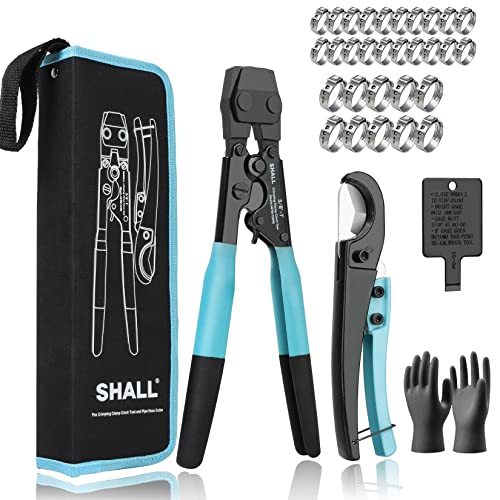 SHALL Pex Crimping Clamp Cinch Tool and Pipe Hose Cutter, Pipe Fitting Crimper Tool Kit Meets ASTM F2098 for 3/8" to 1" Stainless Steel Clamps Including 20pcs 1/2", 10pcs 3/4" Clamps With Storage Bag Pex Crimping Tool
