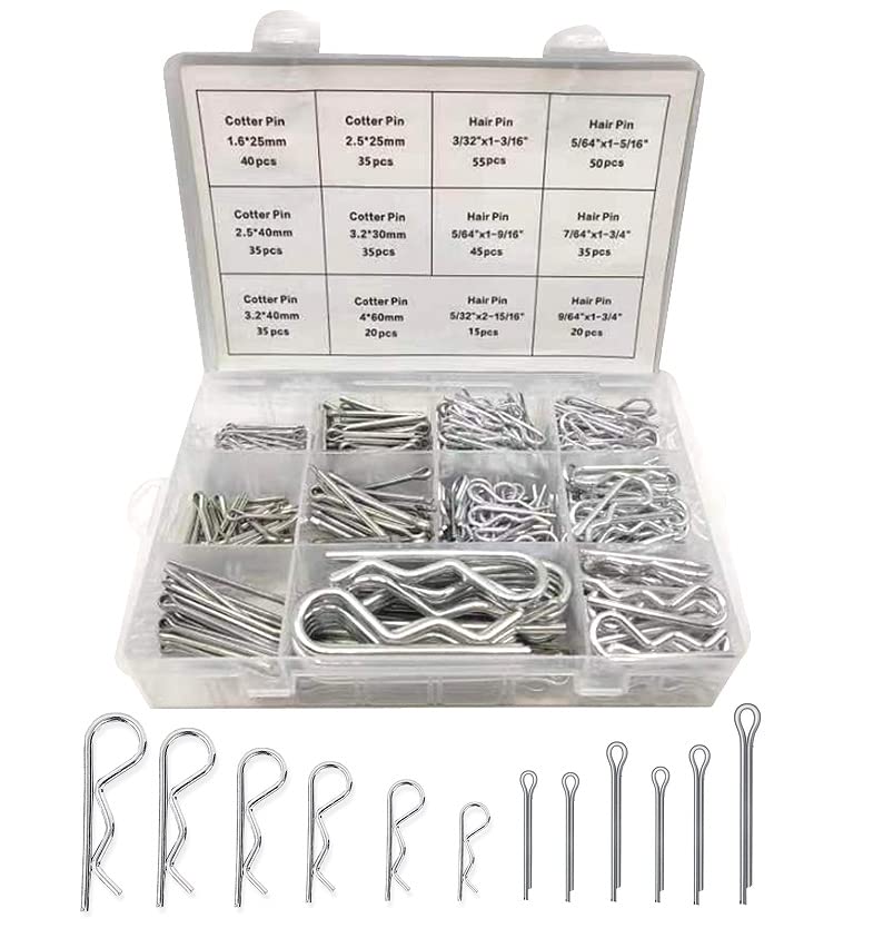 Boatsea 420Pcs Cotter Pin Assortment Kit R Clips Spring Retaining Hair Pins Assortment Kit, Including 6 Sizes 200PCS Cotter Pins and 6 Sizes 220PCS Hairpin Pins, Zinc-Plated