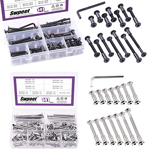Swpeet 282Pcs 14 Different Sizes M6x16mm-80mm Carbon Steel Black and Nickel Plated Sliver Barrel Nuts Kit