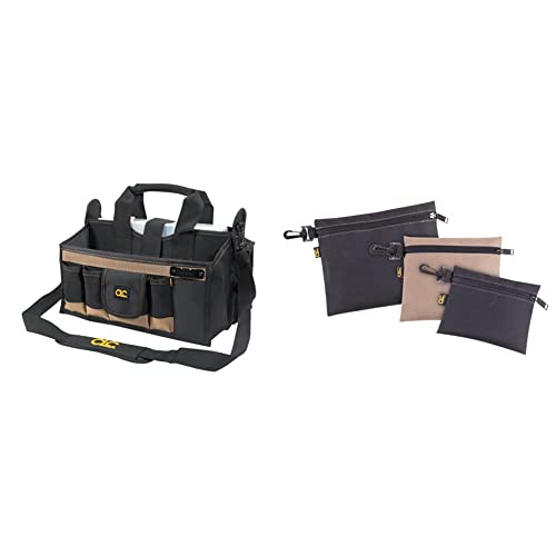 CLC Custom LeatherCraft 1529 16 In. Center Tray Tool Bag, 16 Pocket & CLC 1100 Multi-Purpose Clip-on Zippered Poly Bags, 3 Pack