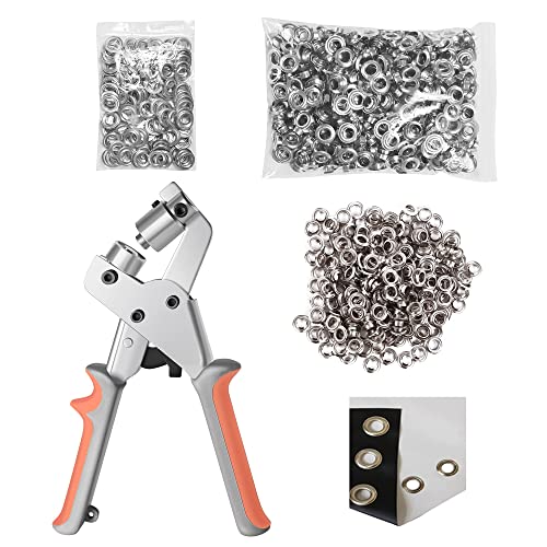 KING PIECES Grommet Tool Kit Handheld Hole Punch Pliers Portable Grommet Hand Press Machine Manual Puncher w/ 500pcs+1000pcs Silver Grommets of 3/8 Inch (10mm)
