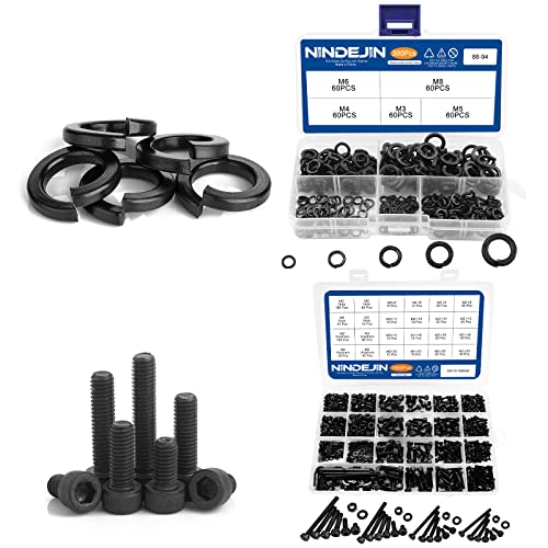NINDEJIN 1060pcs Socket Head Screws, M2 M3 M4 M5 Metric Machine ScrewsAssortment Kit + 300pcs Spring Lock Washers, M3 M4 M5 M6 M8 Metric Split Lock Washer Set