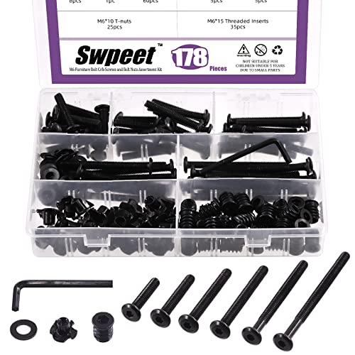 Swpeet 180Pcs M6 Carbon Steel Black Hex Drive Socket Cap Bolts and Threaded Inserts Nuts with T Nut 4 Pronged Tee Blind Nuts and Flat Washers Kit, 1Pcs Wrench Bolts Fully Threaded Hex Socket Screws 178