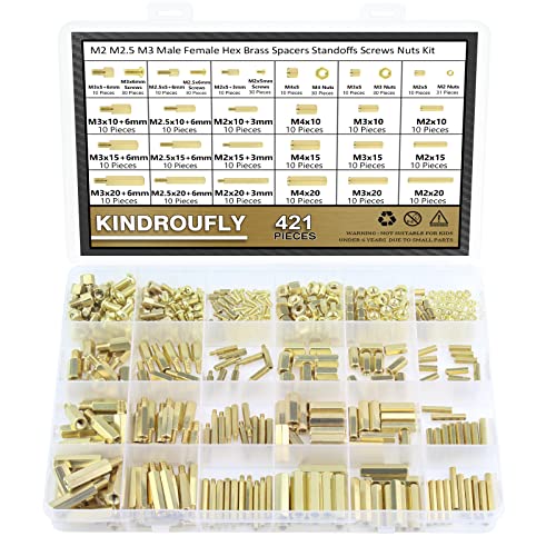 421 Pieces M2 M2.5 M3 Male Female Hex Brass Standoffs Spacers Screws Nuts Kit, Kindroufly Brass Standoffs Assortment Kit for PCB Motherboard M2 M2.5 M3 Brass Standoffs