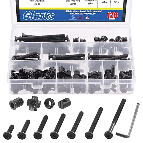 Glarks 128Pcs M6x20/30/40/50/60/70/80mm Baby Bed Crib Screws Bolts Hex Socket Head Cap Screw with Barrel Nuts, Threaded Insert Nuts, T-Nut, Flange Nut and Allen Wrench for Wood, Cabinetry, Furniture